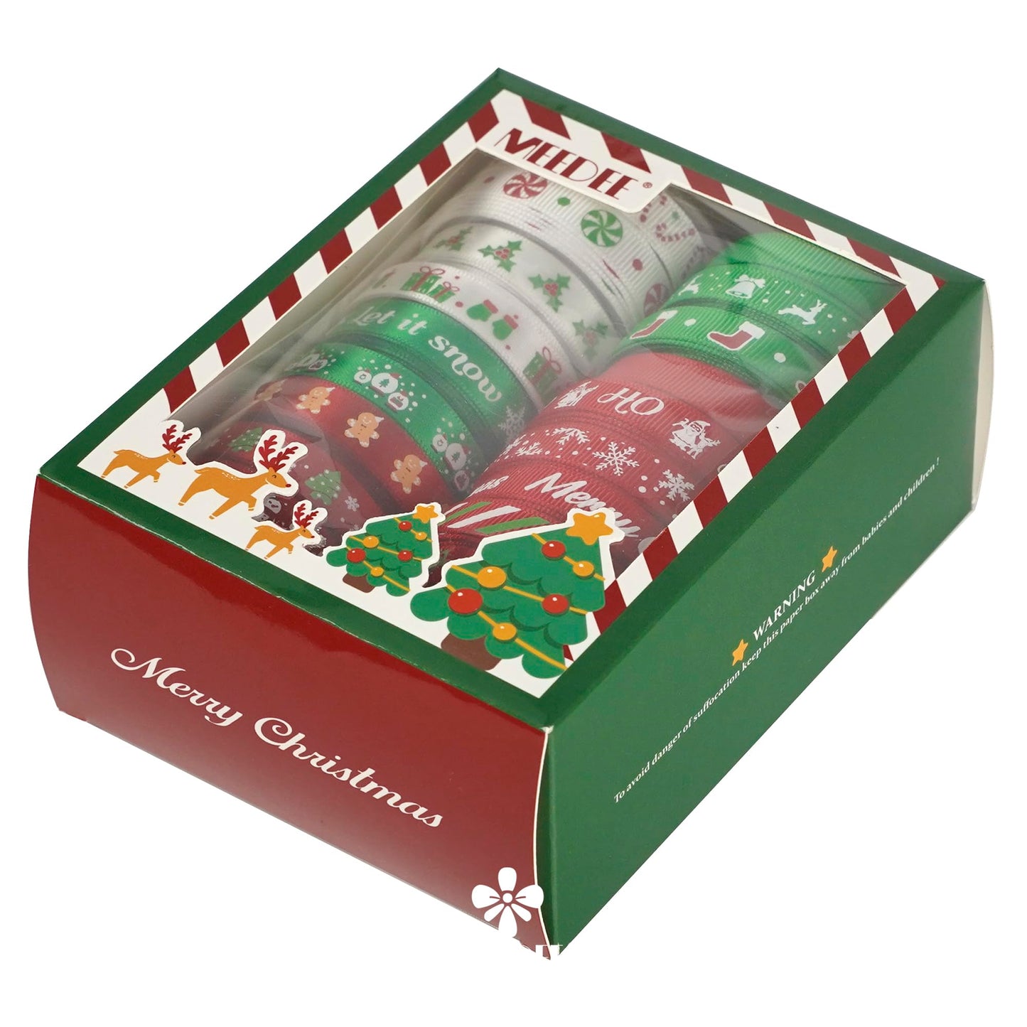 MEEDEE 3/8 inch 100 Yards Assorted Christmas Ribbon - Pack of 20 in Red, Green & White - Mix Grosgrain & Double Face Satin Ribbon for Holiday Décor, Gift Wrapping, Xmas Wreath Bow or Crafting Project