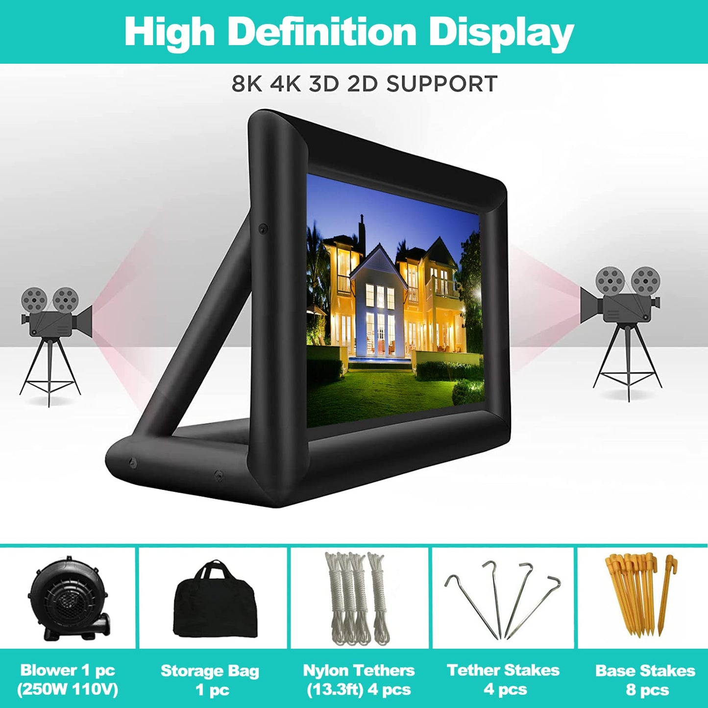 GYUEM 20 feet Inflatable Portable Projector Movie Screen - Huge Air-Blown Cinema Projection Screen Package with Rope, Blower,Tent Stakes - Front & Rear Projection,for Outdoor Party Backyard Pool Fun