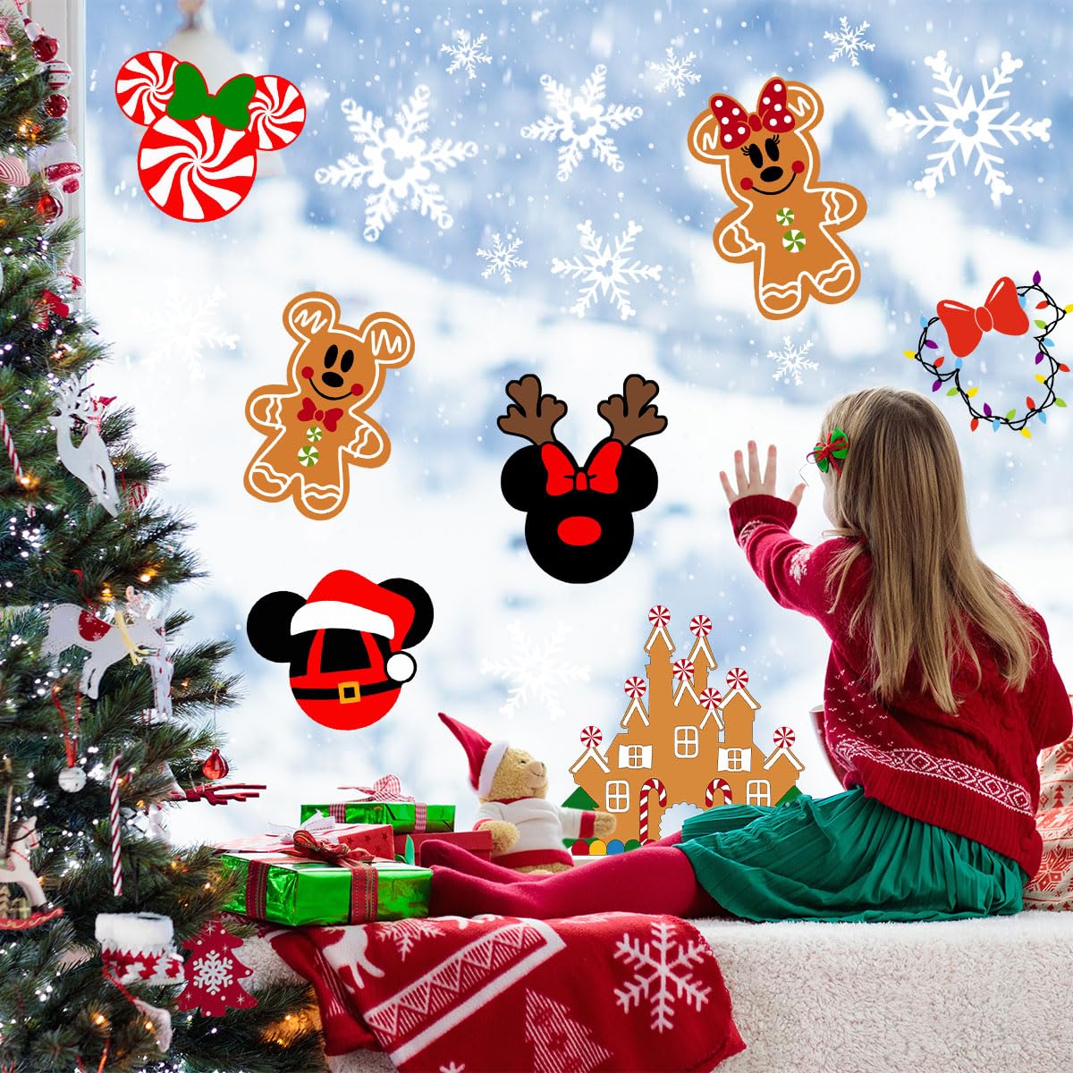 9Sheets Christmas Window Clings Gingerbread Party Decorations Ginger Bread Man Mouse Castle Snowflake New Year Winter Decor Merry Christmas Decals for Office Home Hotel Decorations