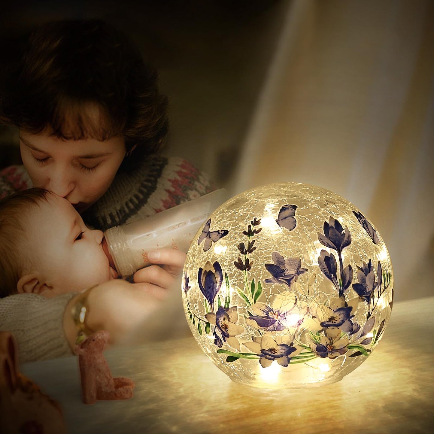 Sphere Glass Crystal Lamp with Timer – 6 Inches, 6 Hours Auto On / 18 Hours Off, LED Light with Blue Flowers and Green Grass Designs, Handcrafted Decorative Glass Light for Home Decor