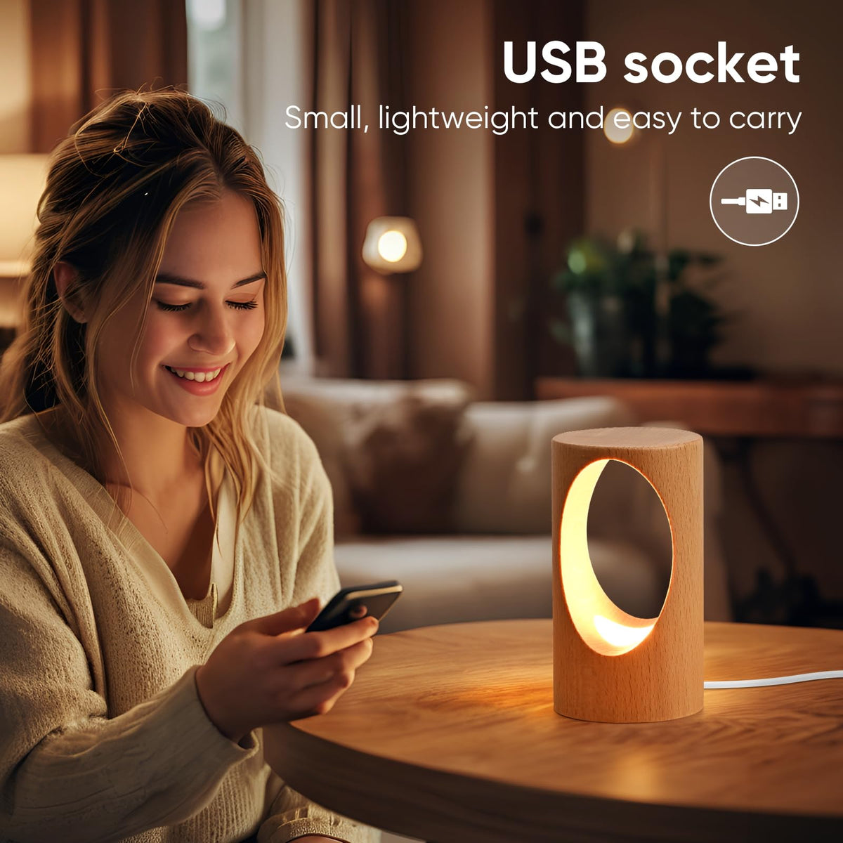 YIEONSHION LED Wooden Desk Lamp, Dimmable Bedside Night Light for Bedroom, Creative Home Décor Table Lamp, Warm Ambient Lighting, Unique Housewarming Gift