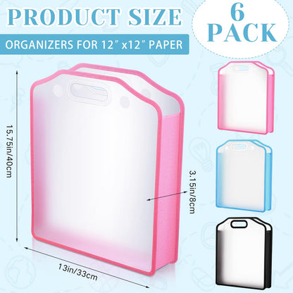 PerKoop 6 Pcs Scrapbook Paper Storage Organizer 12'' x 12'' Sheets Portable Expandable Paper File Storage with Handle and Button Closure for Holding Scrapbook File Cardstock(Blue, Black, Pink)