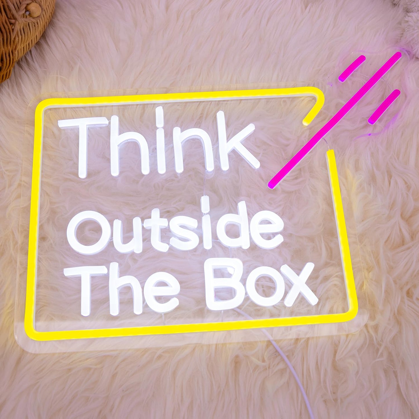 Think Outside The Box Neon Sign, Dimmable LED Neon Light for Wall Decor, USB Powered Acrylic Sign for Office, Bedroom, Classroom, Studio & Creative Space Decoration 16.14 x 11.81"