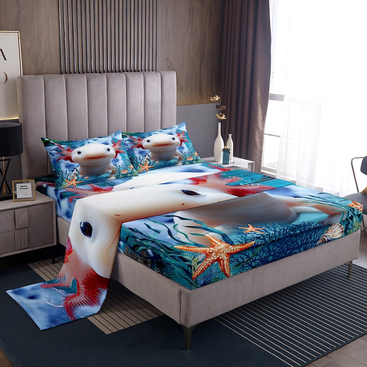 Cute Axolotl Fitted Sheet Set Full Size 4 Pcs,Seaweed Coral Conch Bedding Set(1 Fitted,1 Flat,2 Pillows),Sea Creatures Theme Luxury Deep Pocket Bed Sheets for Girls Teens Room