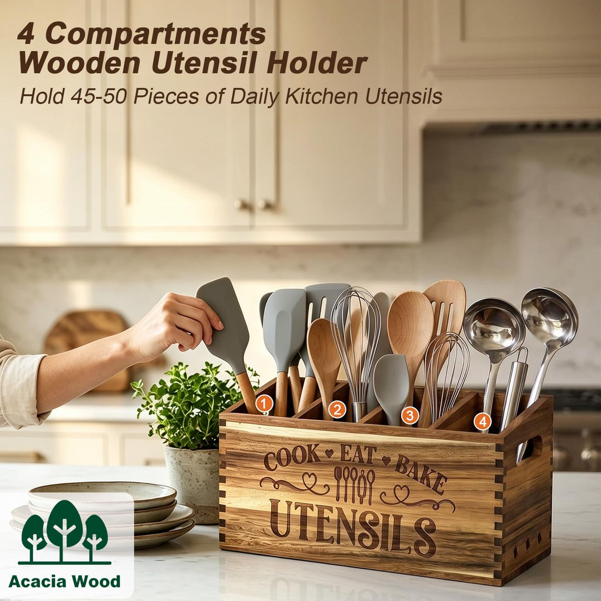 toytoto Large Acacia Wooden Utensil Holder for Kitchen Countertop