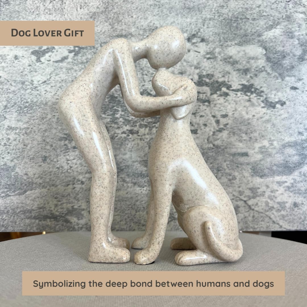 Pozbee Dog Owner Sculpture 8x6 inch, Stone Resin Dogs Statue, Loss of Dog Sympathy, Home Office Desk Shelf Decor Accent, Cute Pet Gift for Puppy Moms (Sandstone)