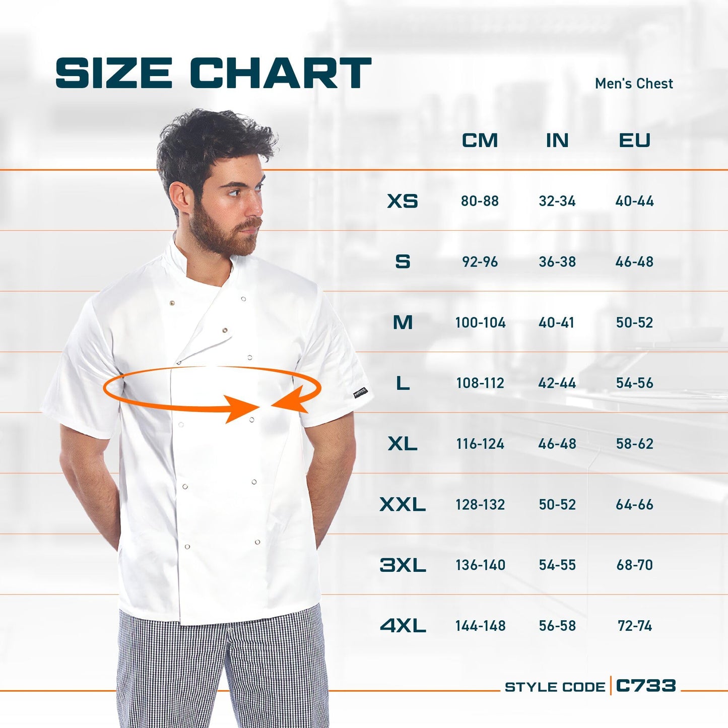 Portwest C733 Men's Cumbria Chef Jacket Lightweight Short Sleeve Durable Workwear Multi Functional Apron with Sleeve Pocket Machine Washable, White, L