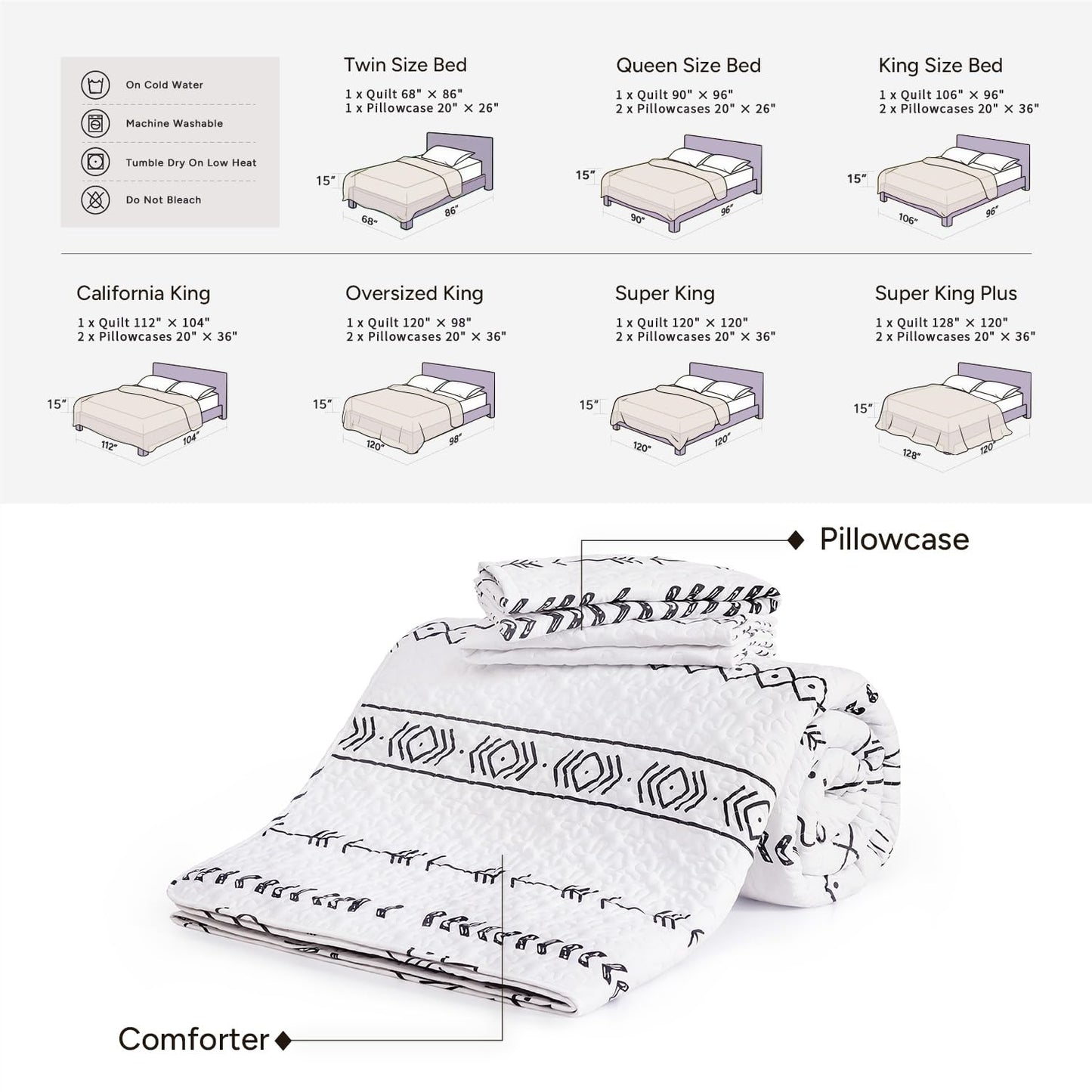 Andency White California King Quilt Set, 3 Pieces Boho Lightweight Soft Striped Cal King Bedspread for All Season (112"x104"), Printed Bohemian Polyester Reversible Coverlet Comforter Sets