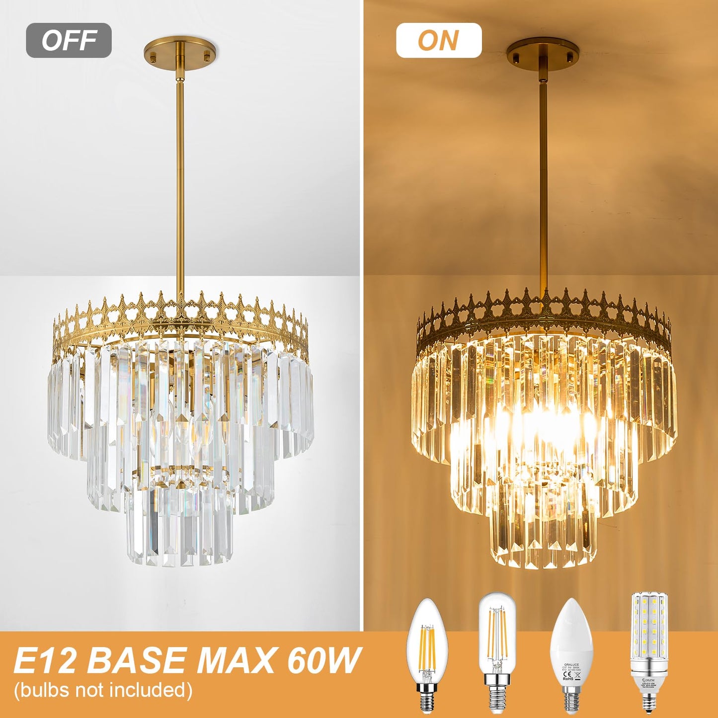 KPIOK 16'' Gold Crystal Chandelier,6-Light Modern Chandeliers for Dining Room,3-Tiers Round Metal Pendant Light Fixture for Kitchen Island Living Room Bedroom Entryway