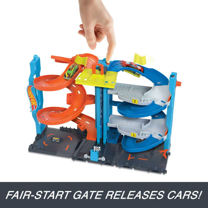 Hot Wheels City Racetrack, Transforming Race Tower, 2-in-1 Tower Mode or Race Mode for Single or Dual Racing, Includes 1 Toy Car in 1:64 Scale, Toys for Ages 3 and Up, One Pack, HKX43