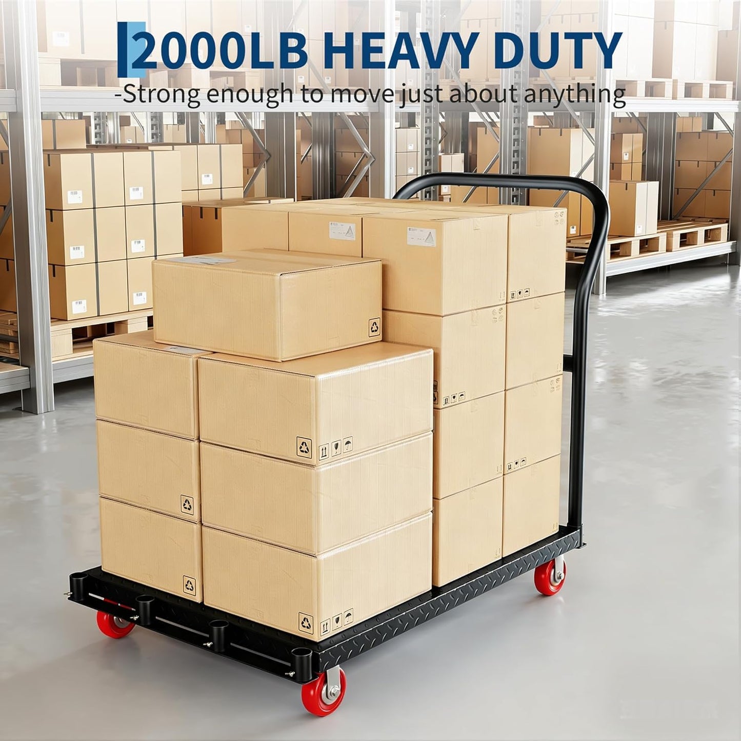 2000 Lbs Heavy Duty 2-in-1 Platform Truck, Q235 Thickened Steel Flatbed Hand Truck, Foldable Push Cart Dolly with 4 Swivel Wheels (2 with Brakes), for Warehouse, Workshop, Moving and Industrial Use