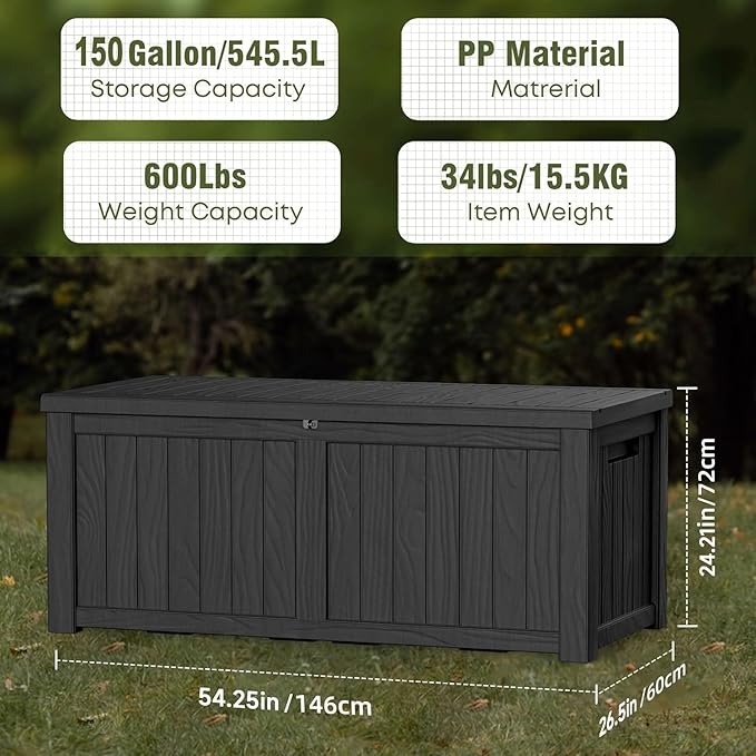 150 Gallon Outdoor Deck Box, Lockable Waterproof Outdoor Storage Boxes For Garden Tools,Indoor Cushions,Accessories Outside Storage Resin Weatherproof Container(Black)