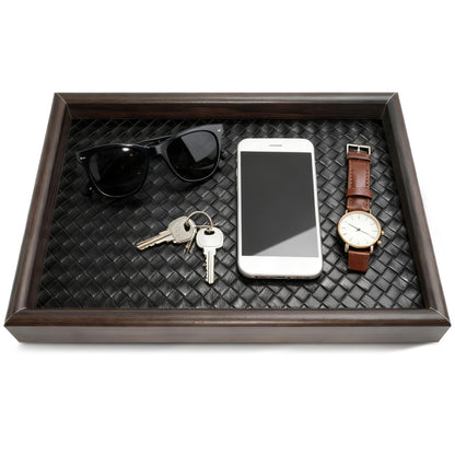 Wooden Valet Tray Desk Organizer with Leather Base,Nightstand, Entryway Bedside Dump Holder for Wallets, Keys, Watches, Jewelry & Sunglasses