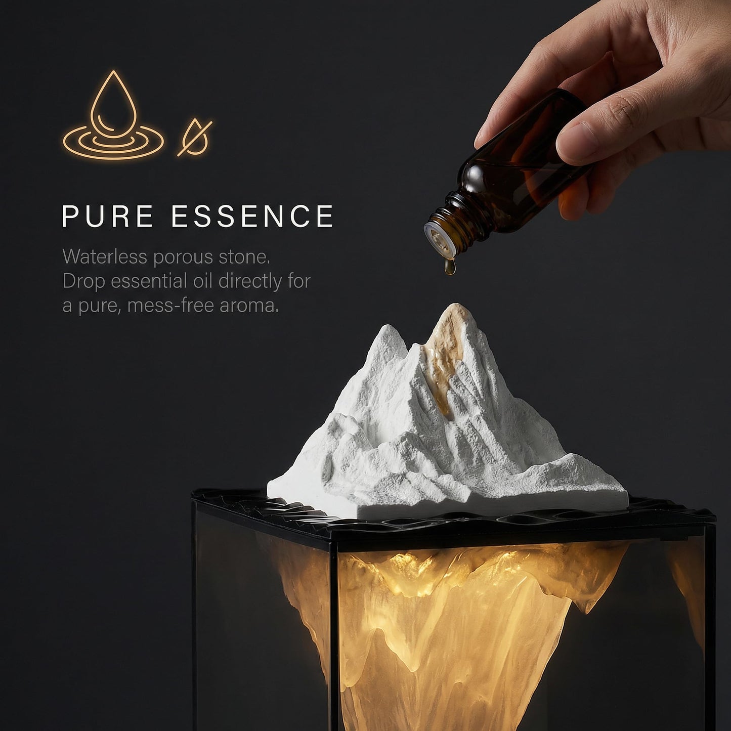 Calming Iceberg Essential Oil Stone Diffuser & Mood Lamp, Silent Flameless Aromatherapy Night Light, Minimalist Zen Decor for Stress Relief, Mindfulness & Meditation Gift (Pro - RGB Pink)