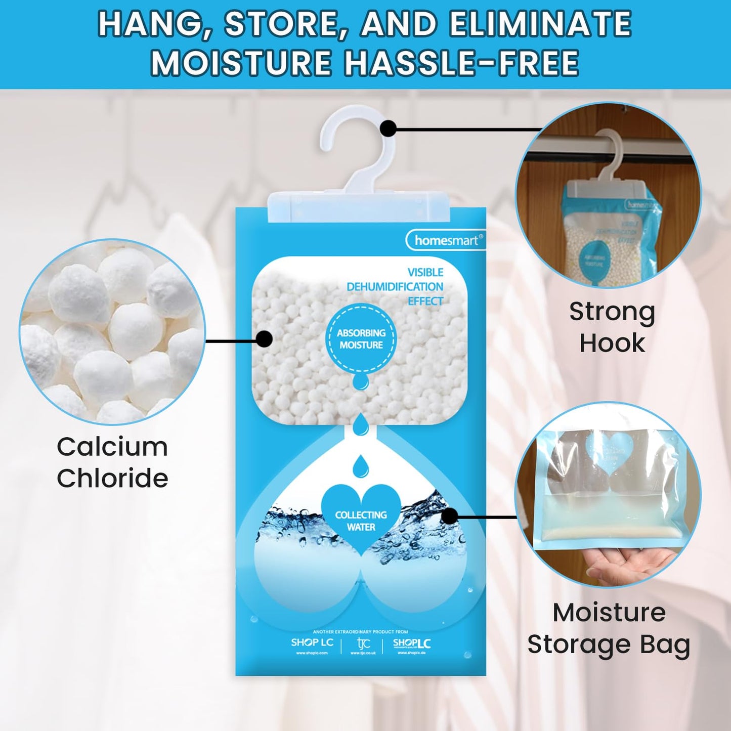 Homesmart Wardrobe Dehumidifier Hanging Bags - Disposable Moisture, Humidity & Damp Absorber for Home - Prevent Mould, Mildew & Condensation in Wardrobes, Cupboard & Caravan - Pack of 10, 220g per Bag