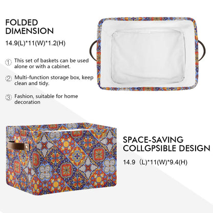 KEEPREAL Foldable Storage Baskets, Mexican Ceramic Tile Pattern Storage Bins with Handles, Decorative Cloth Organizer Storage Boxes for Home|Office 15 x 11 x 9.5 in