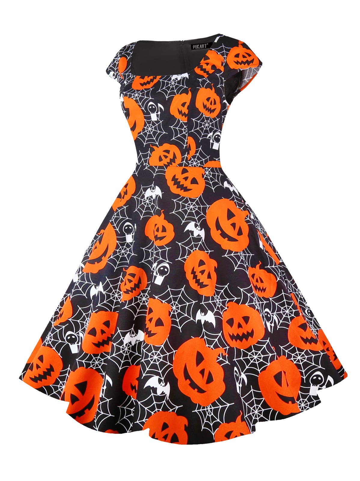 PUKAVT Women's Cocktail Party Dress Cap Sleeve 1950 Retro Swing Dress with Pockets Pumpkin L