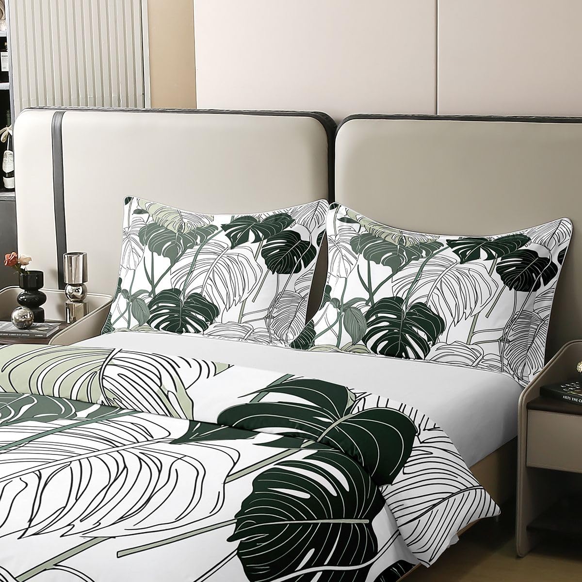 100% Natural Cotton Palm Leaf Bedding Set Monstera Duvet Cover Tropical Leaves Branch Comforter Cover Hawaiian Hippie Botanical Bedspread Cover for Kids Adult, Decor 2Pcs Twin Size, Soft Microfiber