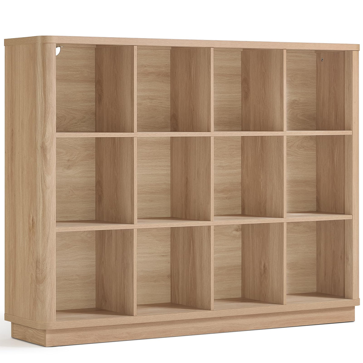 Joaxswe 12 Cube Storage Organizer, 41" Large Bookshelf with Curved Edge, Wood Floor Standing 3-Tier Cubby Bookcase with Base, Rustic Display Storage Cabinet for Living Room, Home Office, Natural Oak