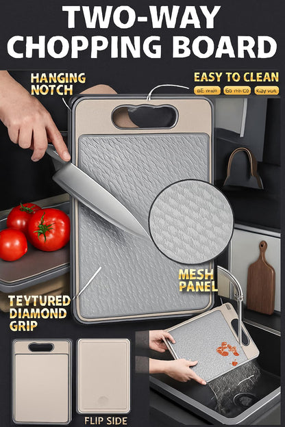 SEQ Premium 4-in-1 Stainless Steel Cutting Board with Knife Sharpener, Garlic Grater and Thawing Plate Double-Sided Metal Chopping Board for Meat, Vegetables, Fruits Durable Easy to Clean Kitchen Tool