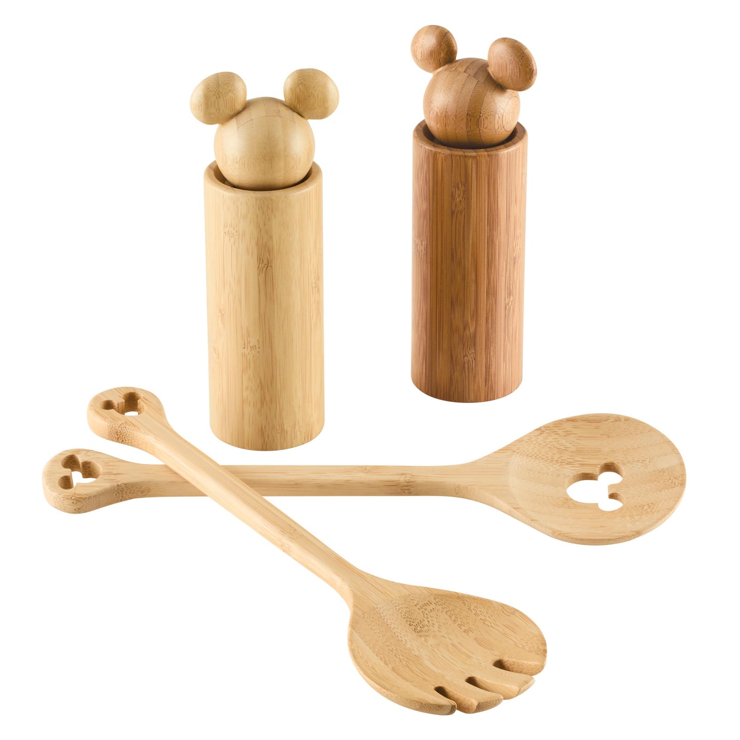 Disney Home Monochrome Bamboo Salad Server/Wood Serving Utensils with Salt and Pepper Grinder Set, 4 Piece - Bamboo