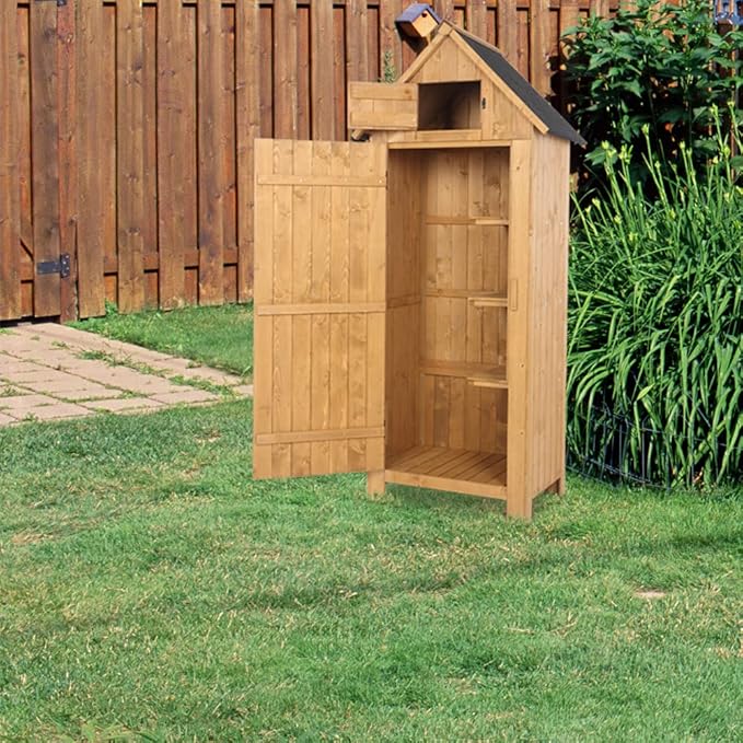 Outvita Outdoor Storage Cabinet, 70in Wooden Vertical Garden Tools Shed, Patio Storage Organizer with Latch & Waterproof Roof for Yard Deck Lawn Farmland Equipment(Natural)