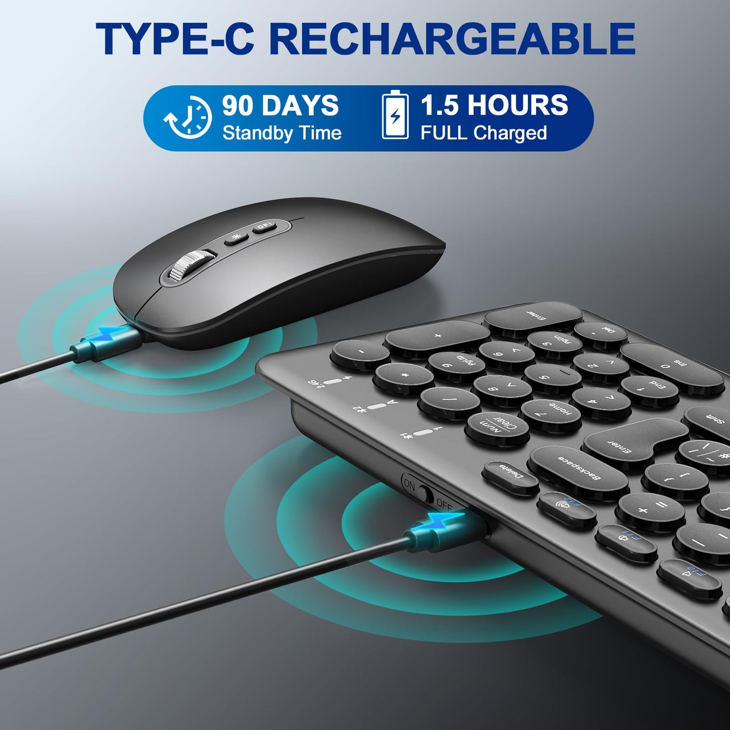 Wireless Keyboard Mouse Set, Rechargeable Quiet Design, Bluetooth & 2.4G Wireless Dual Connection, Easy Setup, QWERTY UK Layout, Computer Keyboard Mouse Combo for Windows PC Laptop Desktop - Black