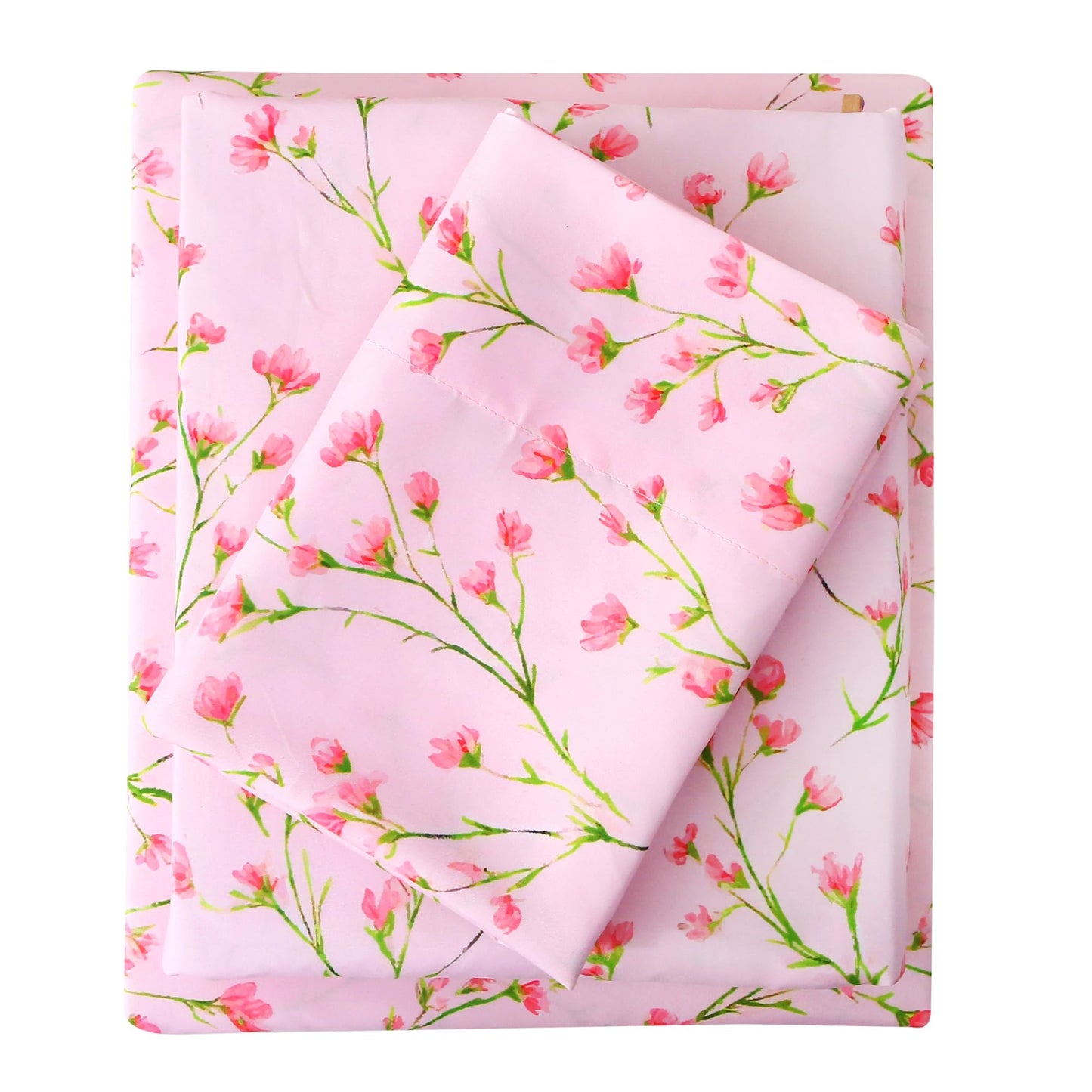 Mooreeke Cozy Floral Microfiber Printed Full Sheet Set - Soft & Breathable Pink Flowers Bed Sheets with Deep Pocket - Non-Slip Fitted Design - Pink Flowers with Green Branches Pattern - Full
