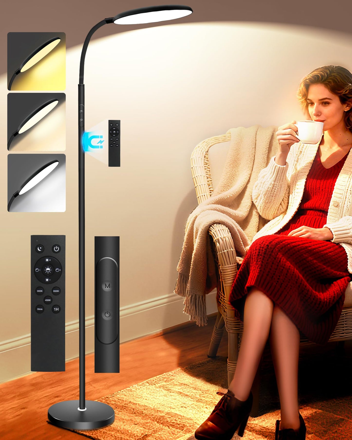 LanAqua Light Therapy Lamp, 11000 Lux UV-Free Happy Therapy Lamp with Touch & Remote Control, Full Spectrum Sunlight Lamp with 10 Brightness & 3 Color Temperatures, Light Therapy Floor Lamp with Timer