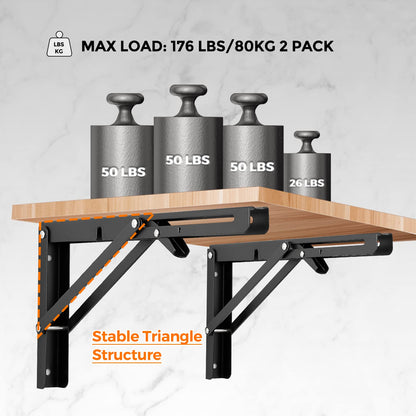 Ravinte 10 Inch Folding Shelf Brackets - Matte Black Collapsible Heavy Duty Brackets for Table Bench - Space Saving, 2 Pack ﻿