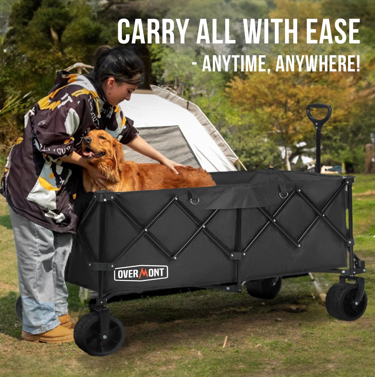 Overmont 300L Extra Large Folding Festival Trolley Cart - All-terrain Wide Wheels and Brake - Heavy Duty Cart Load up 200KG - with Adjustable Handle & Cover Bag - Wagon for Beach Camping Garden