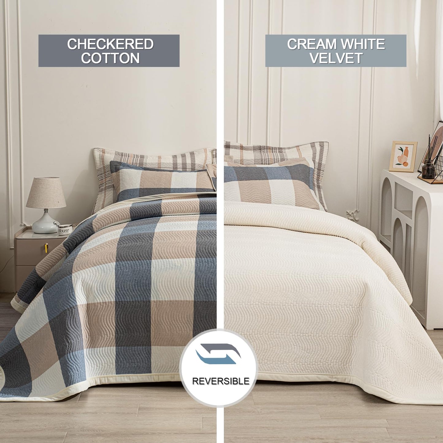 tohrisa Cotton Plaid Quilt Set, Ultra Soft 3 Pieces Queen Size Bedding with 2 Pillow Shams, Lightweight Reversible Coverlet Bedspread with Wave Quilting for Summer, 90"x96", Grid-Beige Blue
