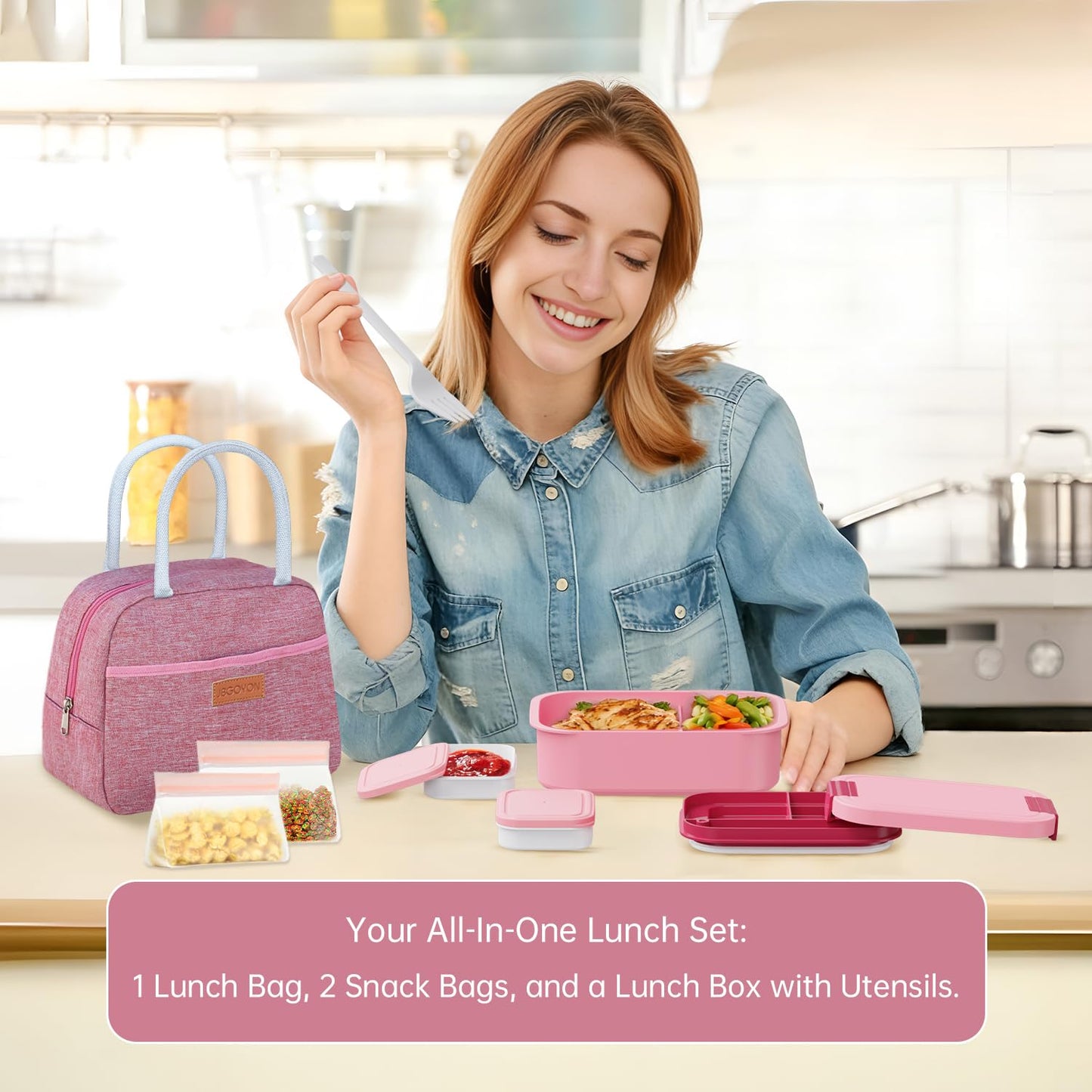 JBGOYON Bento Box and Lunch Bag Set, Leak-Proof Lunch Box for Adults and Kids with Built-in Utensils, Insulated for Work School Travel, Microwave & Dishwasher Safe, All-in-One (Pink)