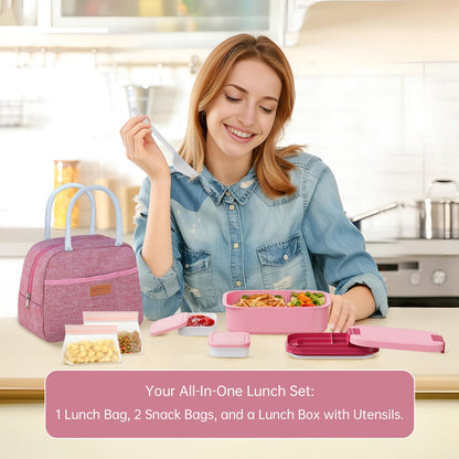 JBGOYON Bento Box and Lunch Bag Set, Leak-Proof Lunch Box for Adults and Kids with Built-in Utensils, Insulated for Work School Travel, Microwave & Dishwasher Safe, All-in-One (Pink)