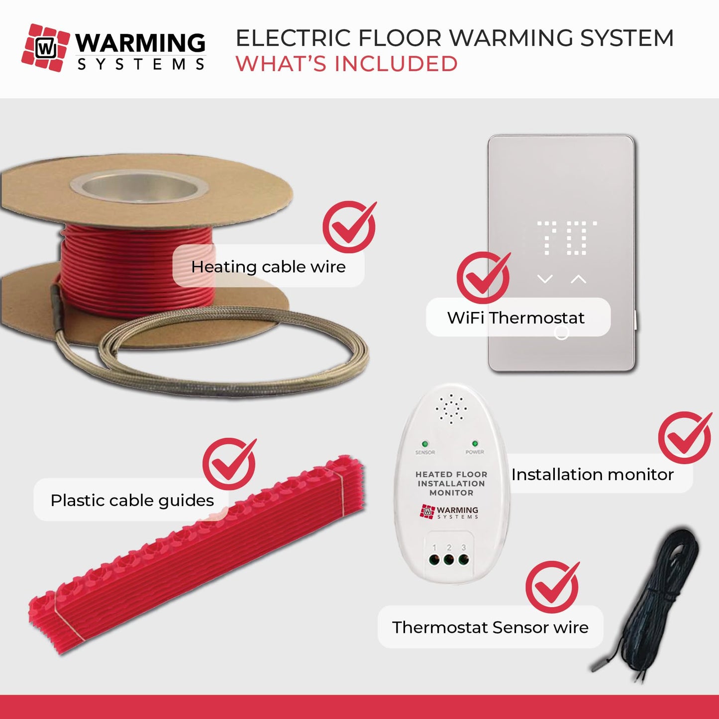 Warming Systems - 40 Sqft Electric Radiant Floor Heating Cable Kit – 120V Heated Tile Floor System with UWG5 Programmable Thermostat, Sensor, Installation Monitor & 25 Year Warranty, Made in the USA