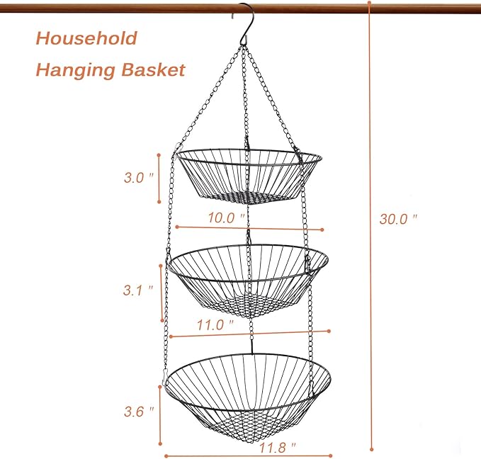 3-Tier Wire Fruit Hanging Basket 2 Packs, non-Punching Wall Hanging Storage