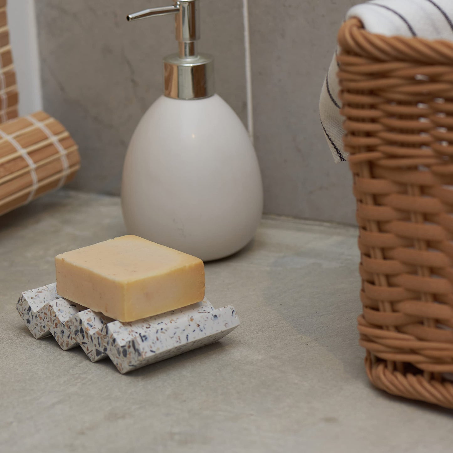 Tapeera Zig Zag Terrazzo Stone Soap Dish for Bathroom Sink - Concrete Soap Saver for Bar Soap Holder for Shower - Sponge Holder - Self Draining Soap Dish Holder - Kitchen Soap Tray (White)