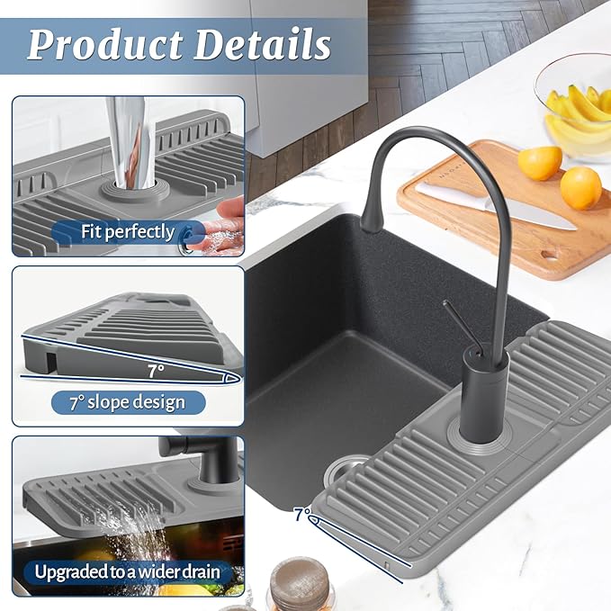 PoYang 14.6 inch Faucet Mat for Kitchen Sink Splash Guard, 7° Slope Silicone