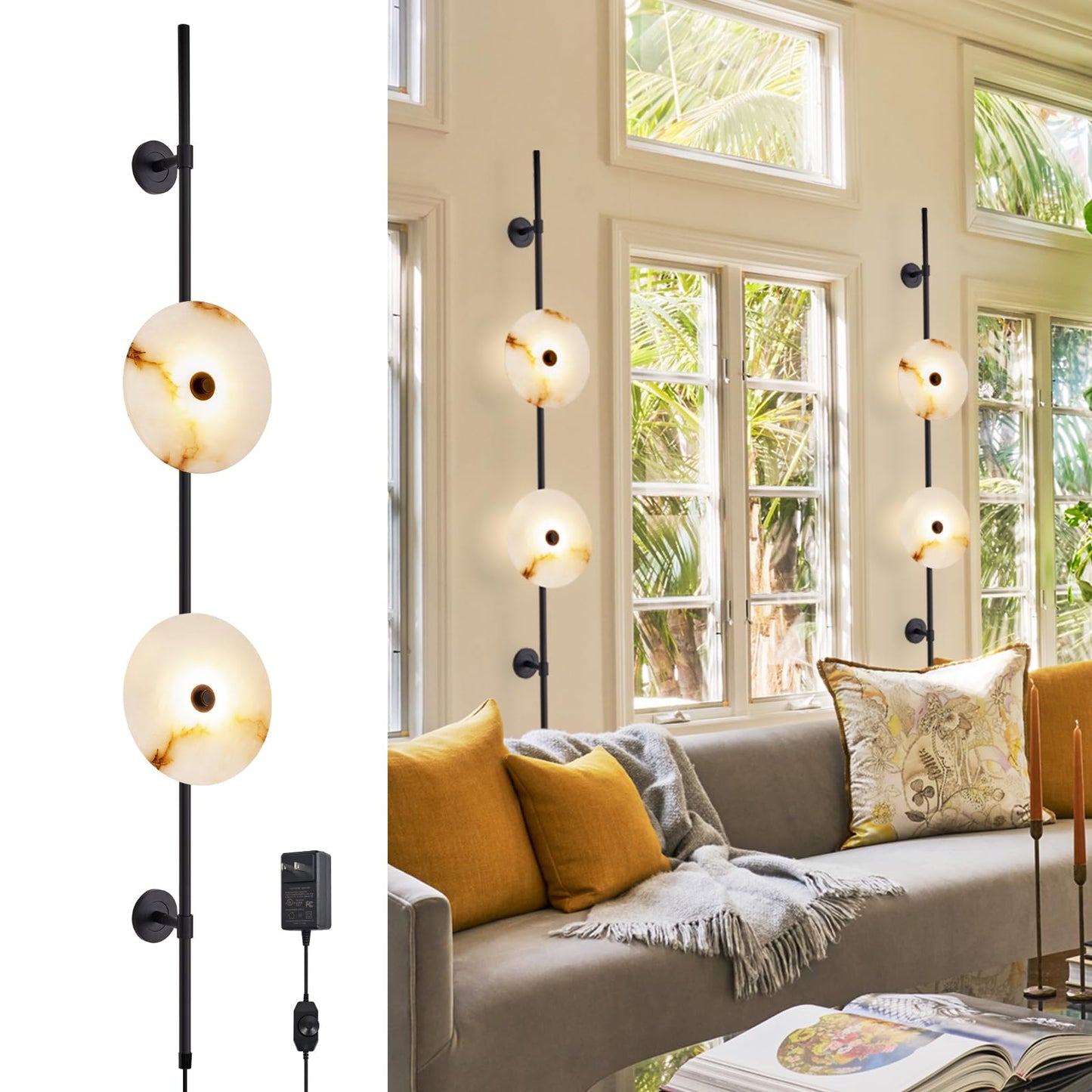 HOMLUCE Alabaster Wall Sconce,8W Round Natural Marble Plug in Wall Sconce Lamp Cord with Knob Dimmer Switch, Indoor LED Modern Wall Lamp for Bedroom, Stairs, Living Room, Bedside, Hallway (Black)