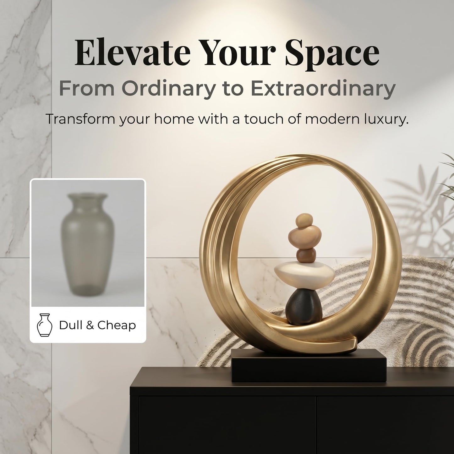 Abstract Zen Balance Sculpture, 10.4" H Modern Gold Spiral Faux Stone Stack Statue, Organic Resin Home Decor for Living Room, Bookshelf, Office, Minimalist Tabletop Art (Gold)
