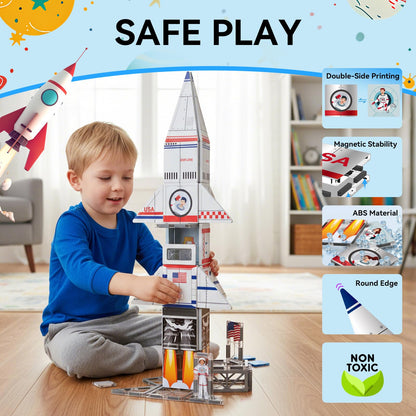 AFUNX Magnetic Tiles Space Rocket Set,46 PCS Magnetic Building Blocks for Kids 3+, STEM Learning Toys, Safe & Durable Creative Construction Play, Gift for Boys & Girls