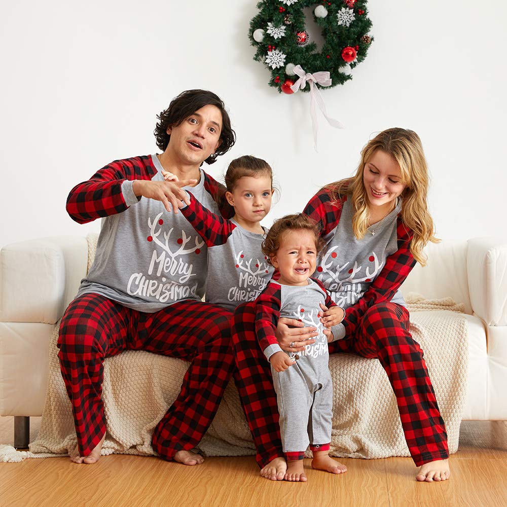 IFFEI Matching Family Pajamas Sets Christmas PJ's with Letter and Plaid Printed Long Sleeve Tee and Bottom Loungewear 6-7 Years Grey