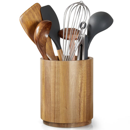 Bivvclaz Acacia Wood Utensil Holder, 360°Rotating 7.2" Utensil Holder for Kitchen Counter, Large Kitchen Utensil Holder, Cooking Utensil Crock for Countertop, Farmhouse Kitchen Decor and Accessories