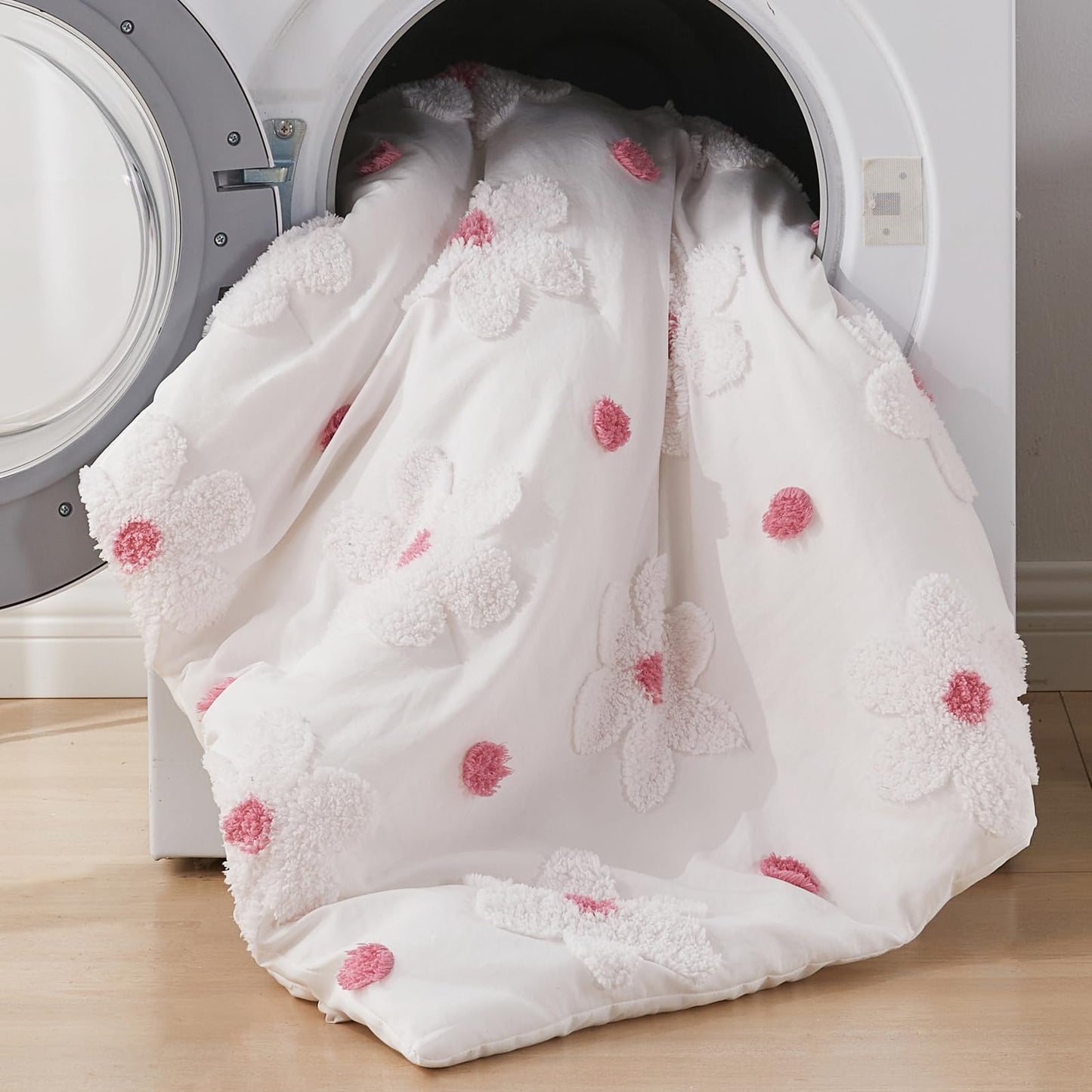 CotComf Toddler Bedding Set for Girls 4-Piece Pink Boho Tufted Daisy Flowers Toddler Comforter Set Bed-in-a-Bag Toddler Sheets Bedroom Set with Toddler Comforter, Flat Sheet, Fitted Sheet, Pillowcase