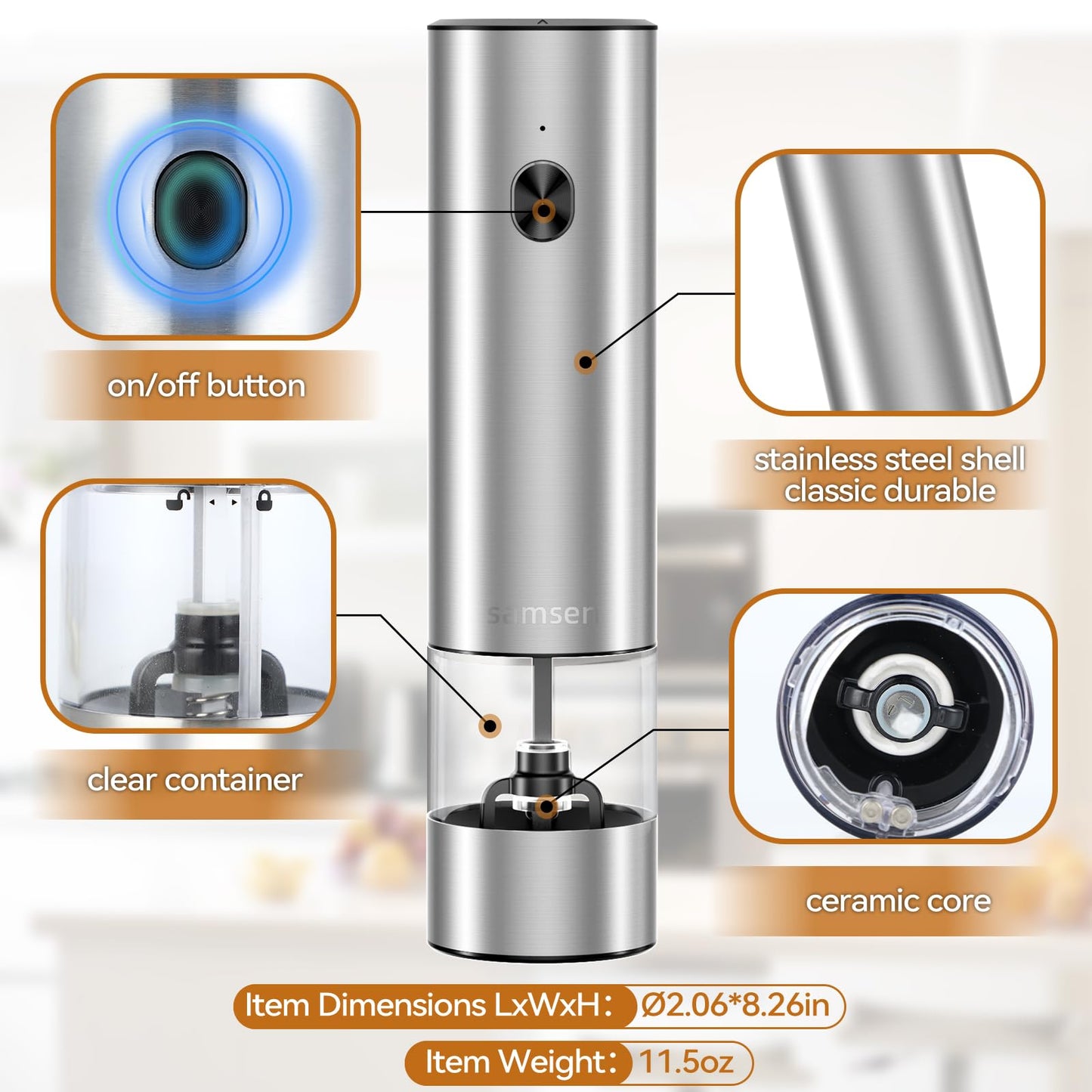 Electric Stainless Steel Pepper & Salt Grinder, Battery Operated, Pack of 2