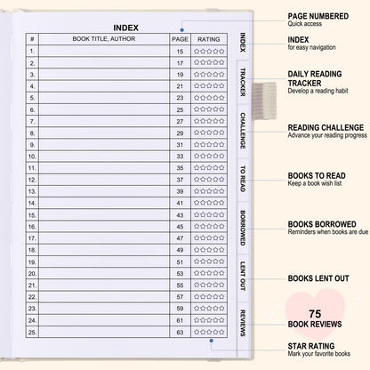 Comkiso Reading Journal for Book Lovers - 75 Book Journal Reading Log for Book Tracking, A5 Linen Book Review Journal with TBR Tracker List, Ratings, Challenges, Prompts, and Index - Beige
