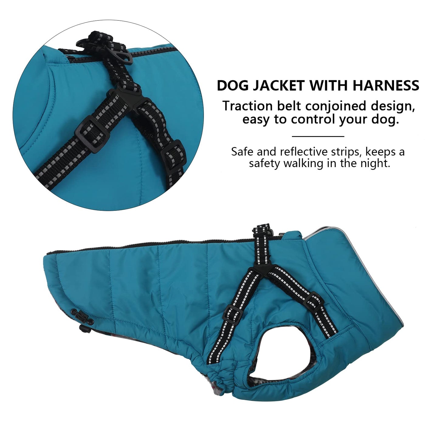 Warm Pet Dog Coats and Jackets,Waterproof Reflective Pet Dog Harness Vest Winter Puppy Clothes with Chest Strap, Outdoor Walking Adjustable Chest Strap-Blue-M