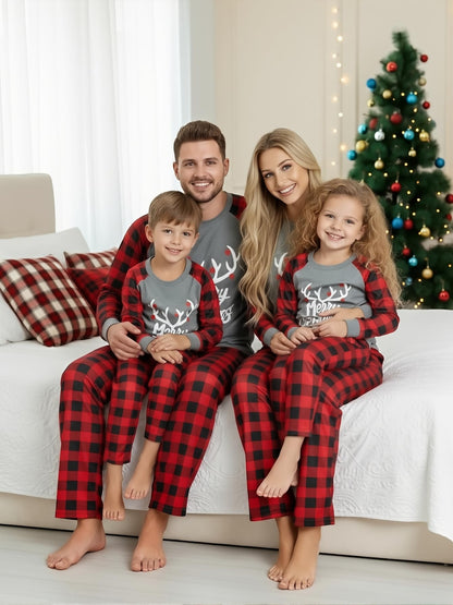 IFFEI Matching Family Pajamas Sets Christmas PJ's with Letter and Plaid Printed Long Sleeve Tee and Bottom Loungewear 6-7 Years Grey