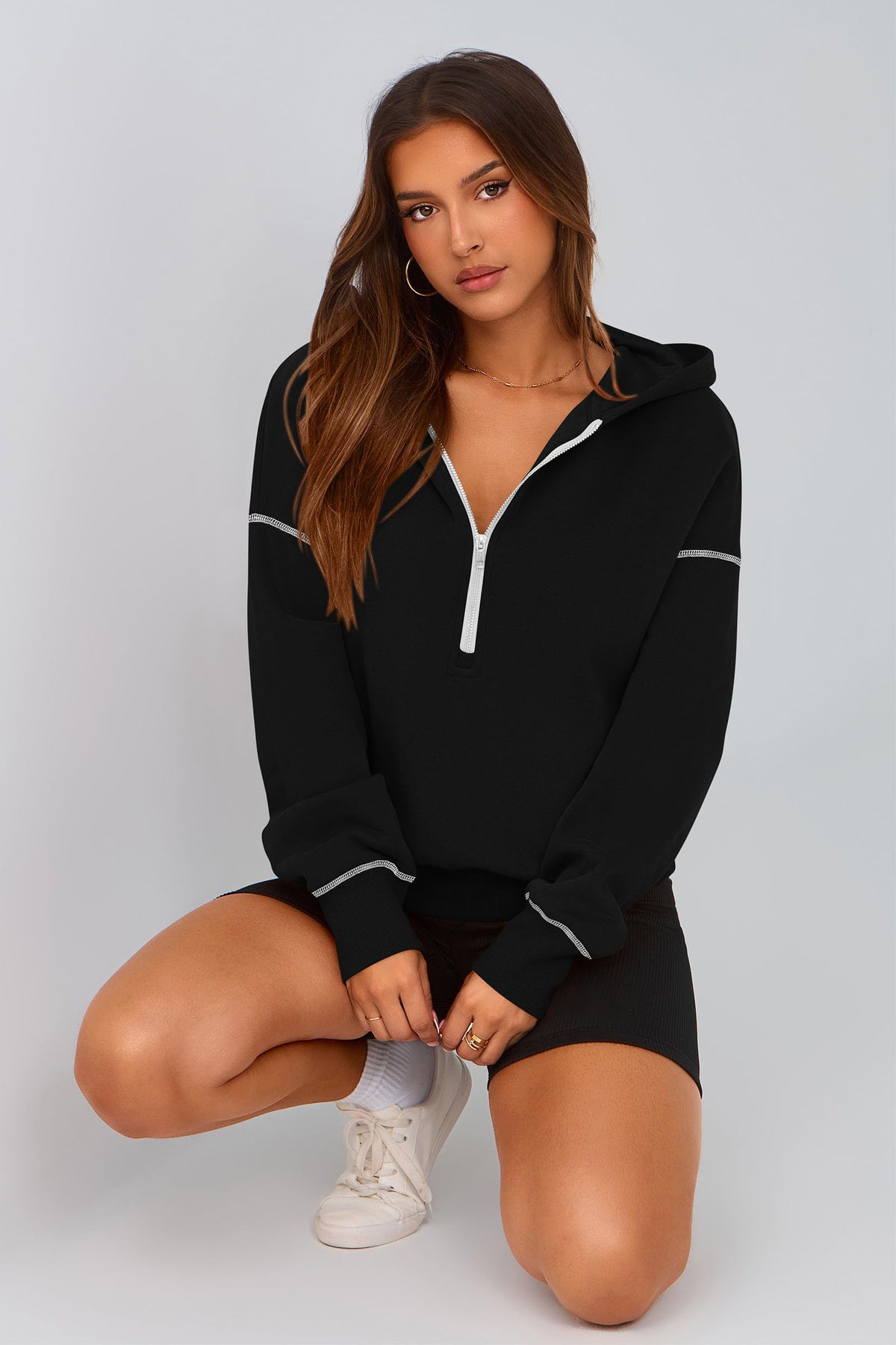 PRETTYGARDEN Women's Hooded Sweatshirts Long Sleeve Half Zip Cropped Hoodie Pullover Winter Fashion Clothes (Black,Large)