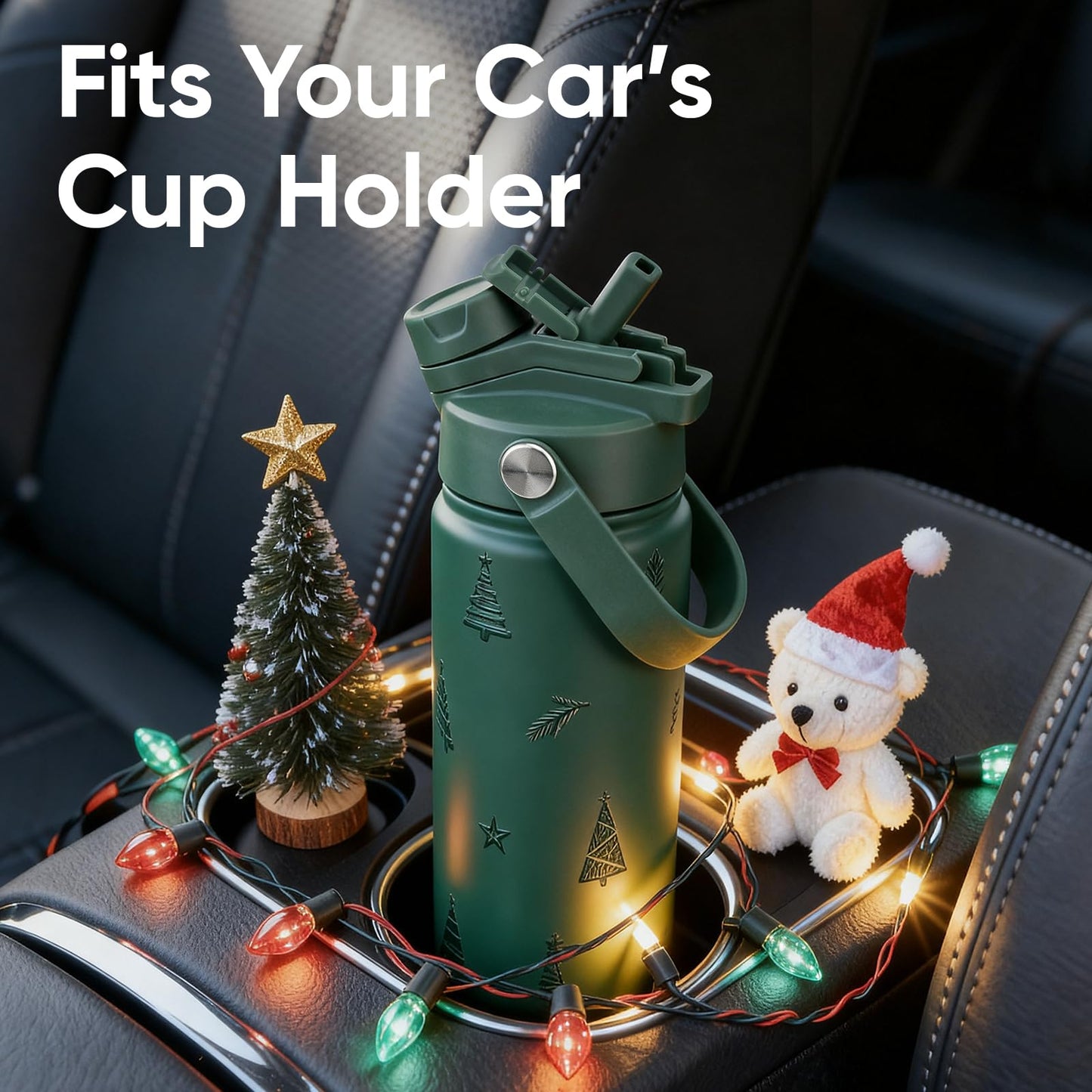 KEWIXY 24 oz Christmas Water Bottle, 2-in-1 Lid, Straw & Spout, Insulated, Leak Proof, Keep Cold, Stainless Steel, Metal, Reusable, Handle, Holiday Gift, Cupholder Friendly, Green Tree